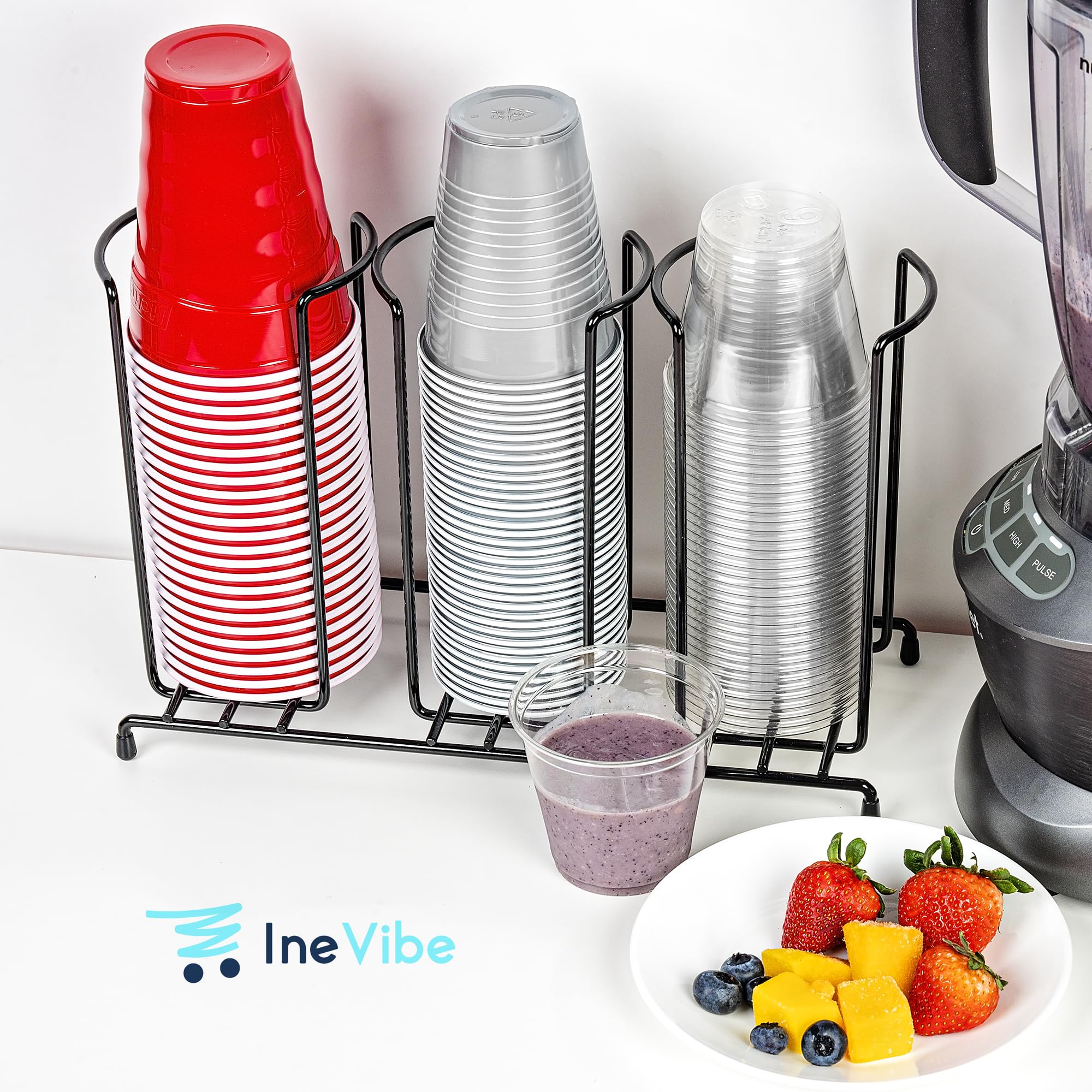 Inevibe: rack de metal negro para tapas y tazas, perfecto para cafeterías de alto flujo.