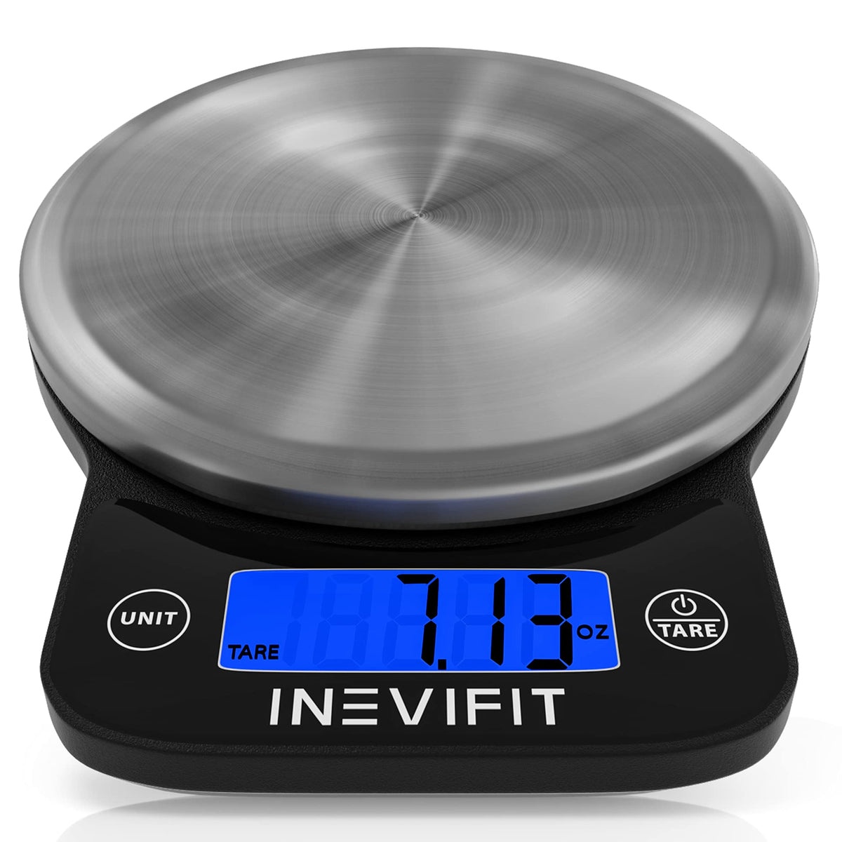 INEVIFIT balanza de cocina en acero inoxidable con lectura precisa para porciones.