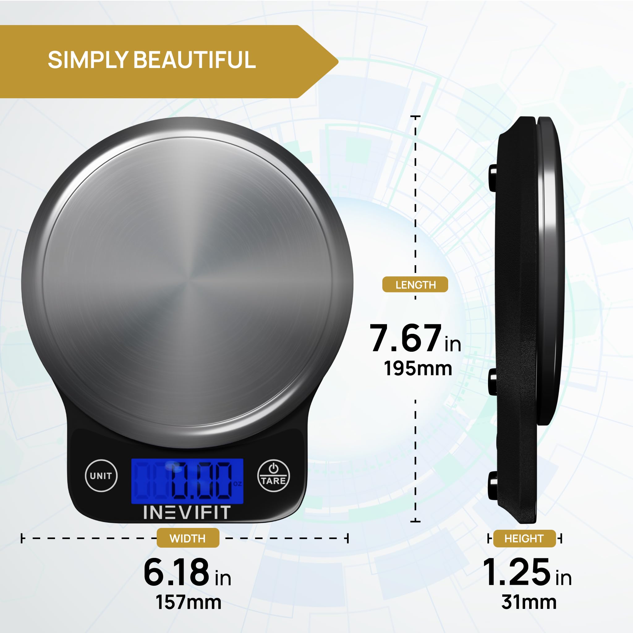INEVIFIT balanza con conversión de unidades para gramos, onzas, libras y mililitros.