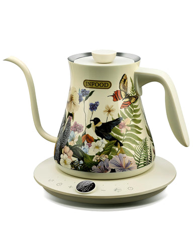 INFOOD hervidor cuello de ganso con diseño floral, ideal para infusiones elegantes.