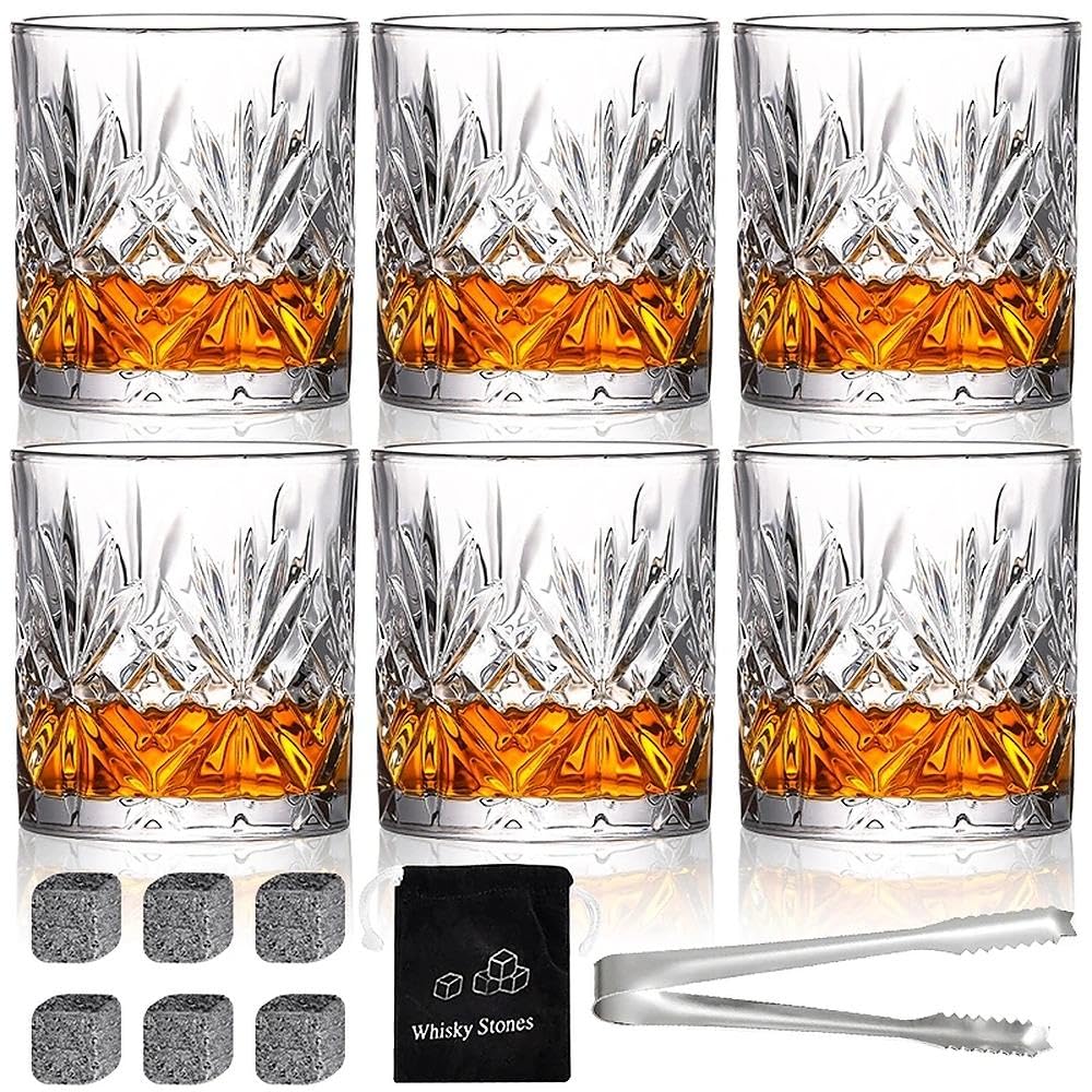 INFTYLE, vasos cristal estilo antiguo 10 onzas, conjunto de 6 para servir whisky con elegancia.