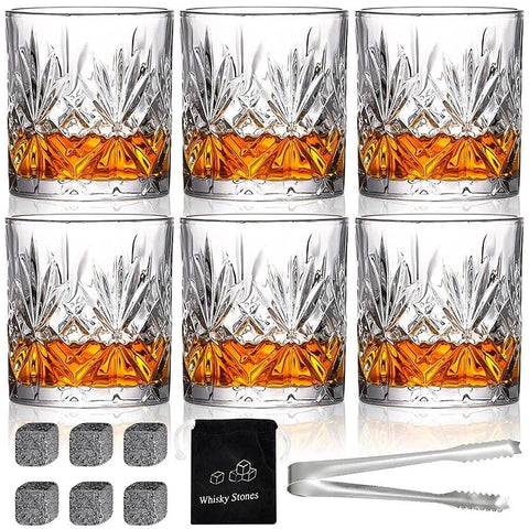 INFTYLE, vasos cristal estilo antiguo 10 onzas, conjunto de 6 para servir whisky con elegancia.
