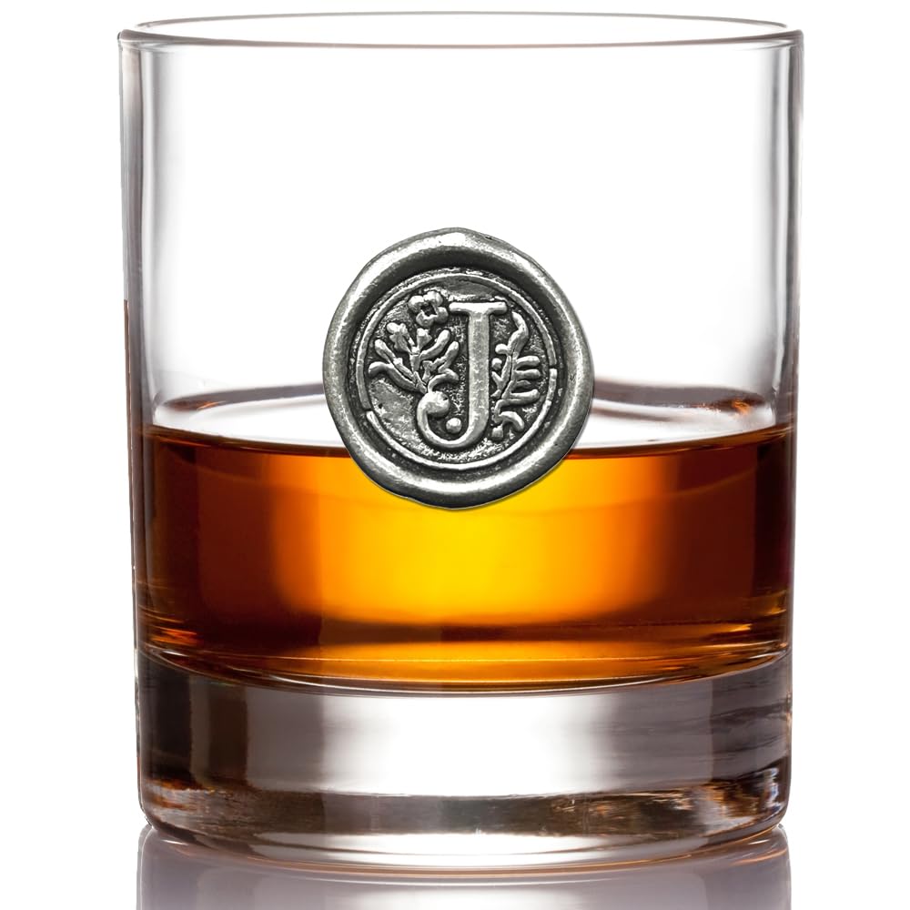Vaso de whisky de peltre, monograma frontal, de marca inglesa
