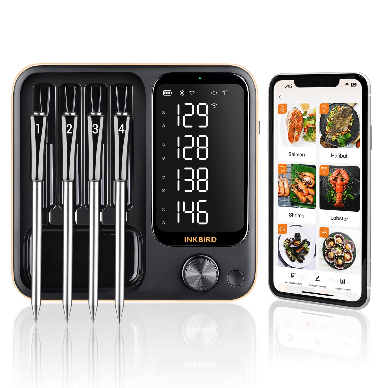 Inkbird INT-14-BW con cuatro sondas alimentarias para monitoreo simultáneo de cocción.