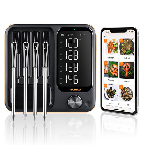 Inkbird INT-14-BW con cuatro sondas alimentarias para monitoreo simultáneo de cocción.