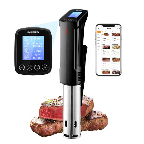 Inkbird Sous Vide Cooker frente, control de temperatura preciso para resultados jugosos.