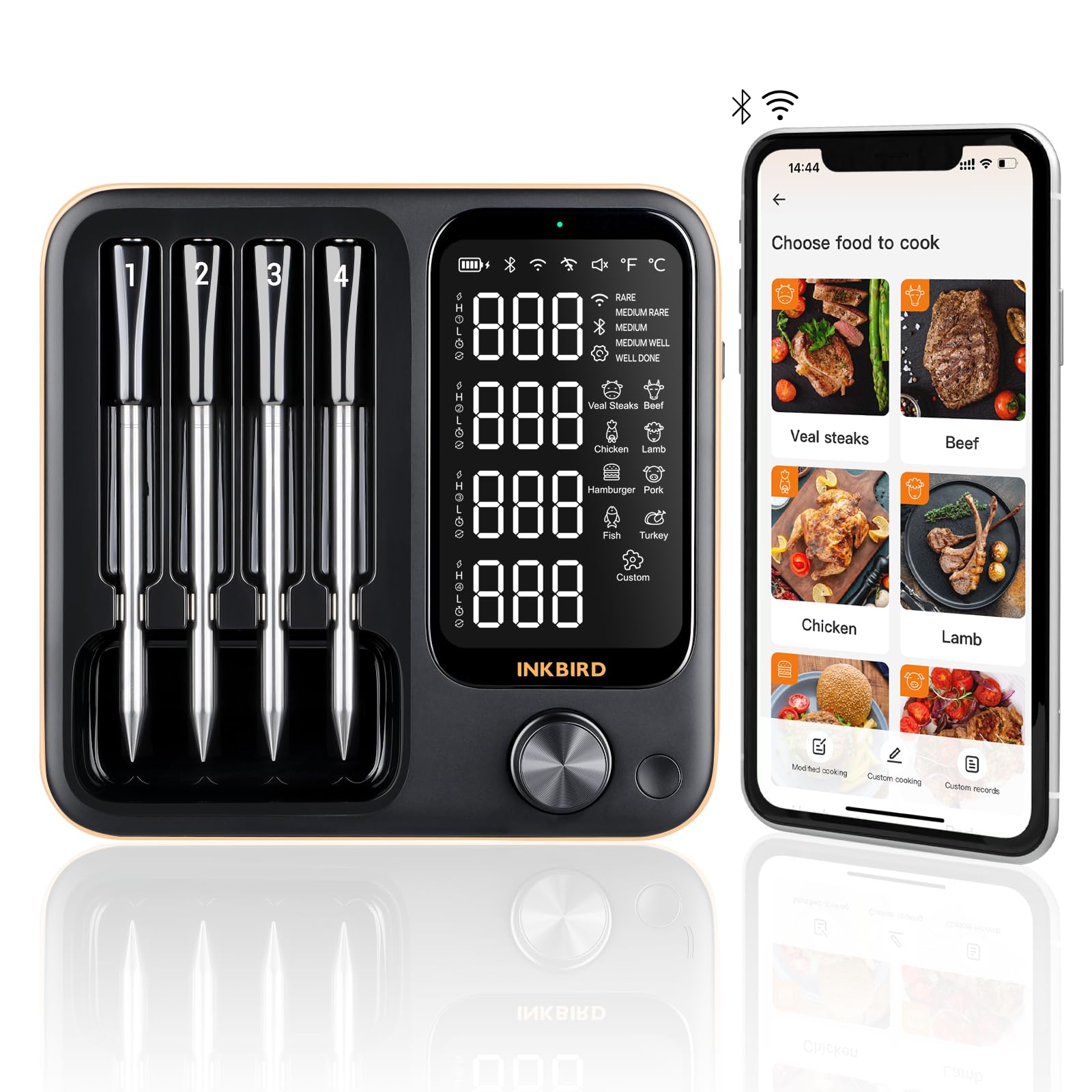 Inkbird termómetro de carnes inalámbrico con cuatro sondas para cocción precisa.