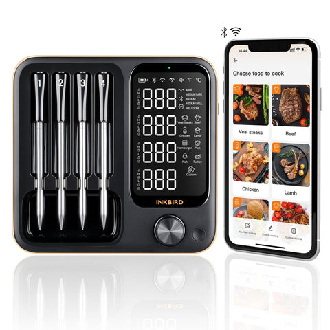 Inkbird termómetro de carnes inalámbrico con cuatro sondas para cocción precisa.