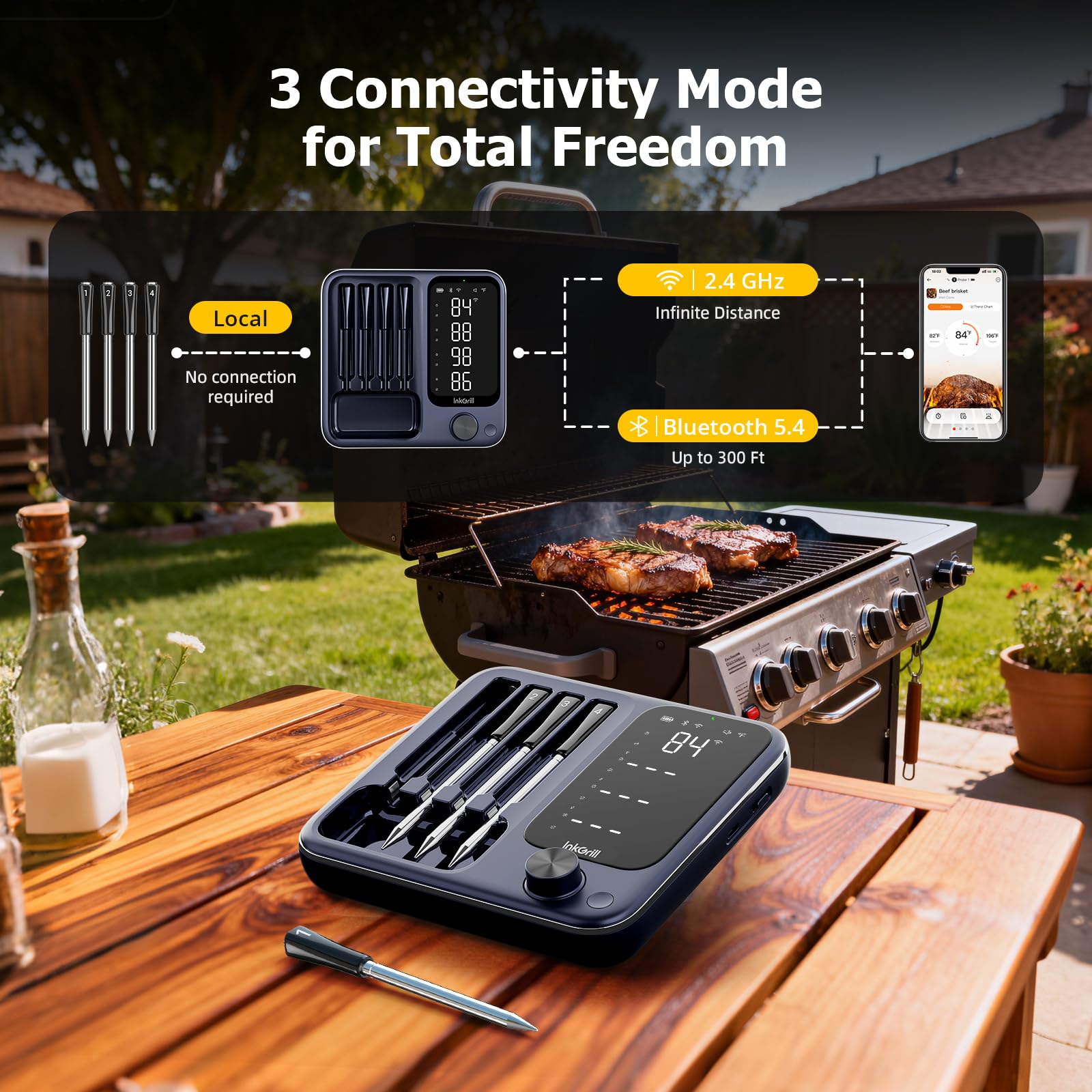 InkGrill 4 sondas marcadas para controlar 4 carnes simultaneamente