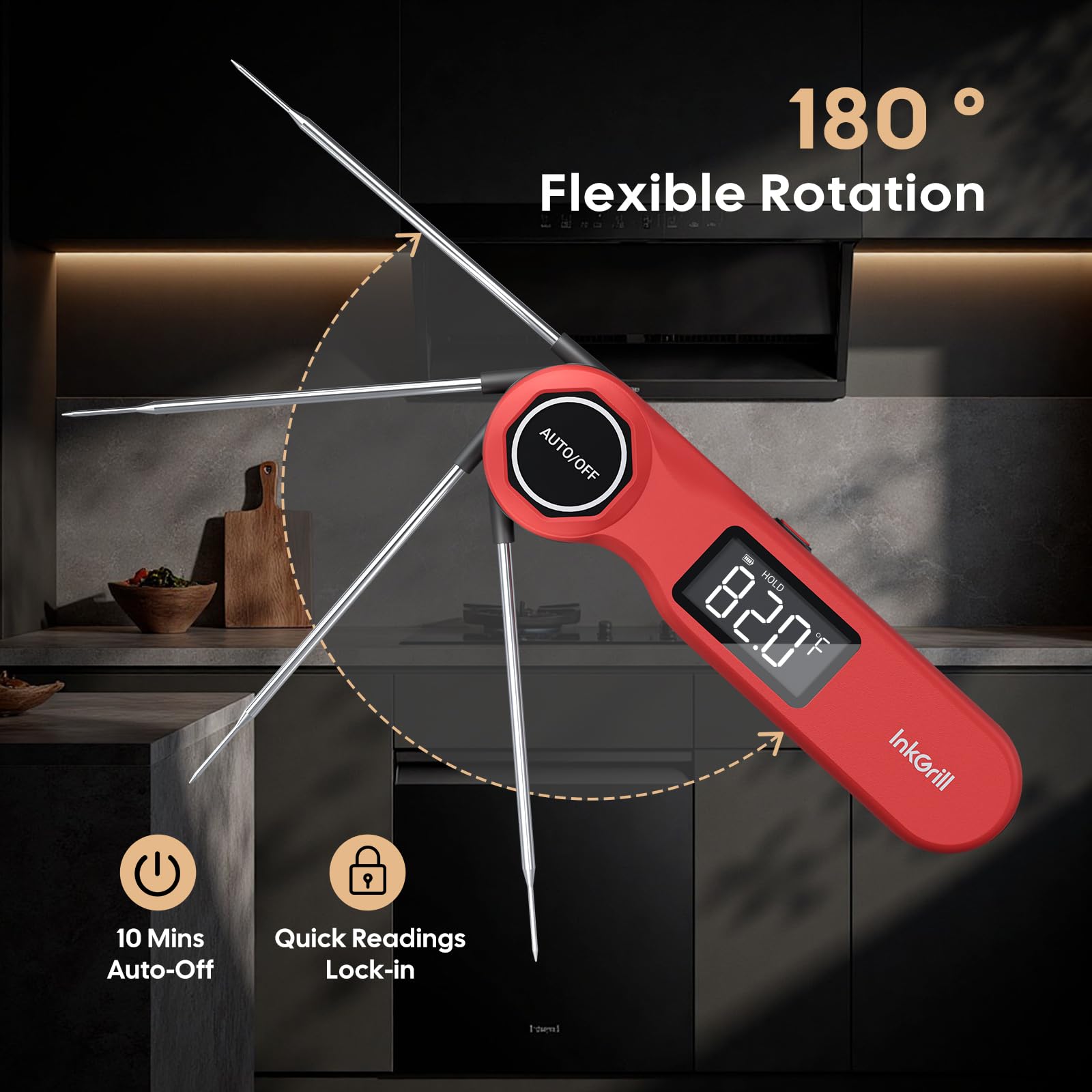 InkGrill termómetro de cocina con diseño plegable para almacenamiento compacto.