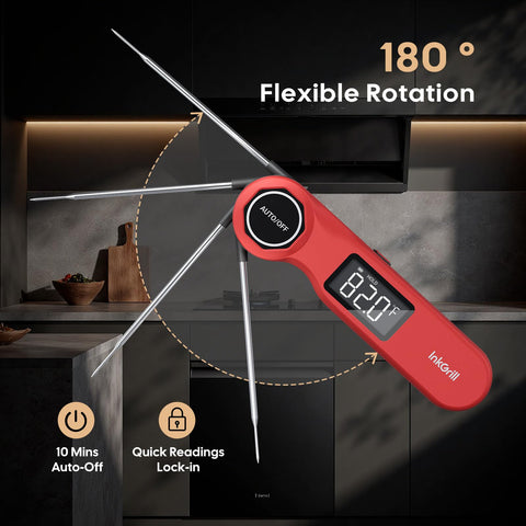InkGrill termómetro de cocina con diseño plegable para almacenamiento compacto.