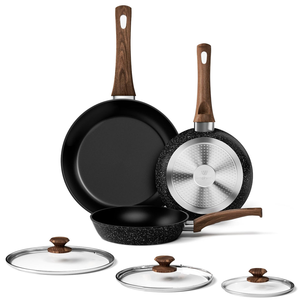 Innerwell conjunto de sartenes 3 piezas con tapas en uso diario.