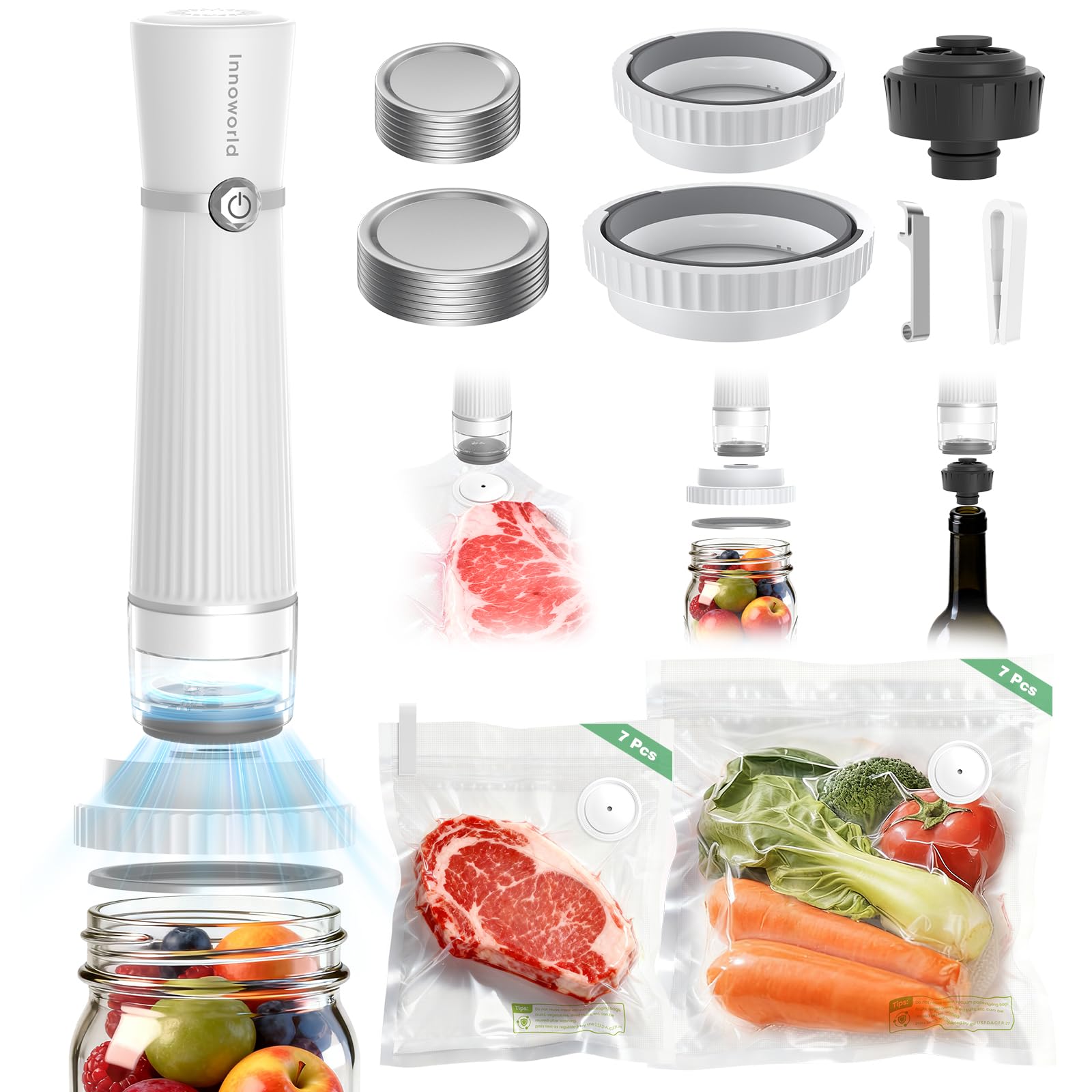 Innoworld Selladora al Vacío tres-en-uno con bolsas para conservar alimentos.