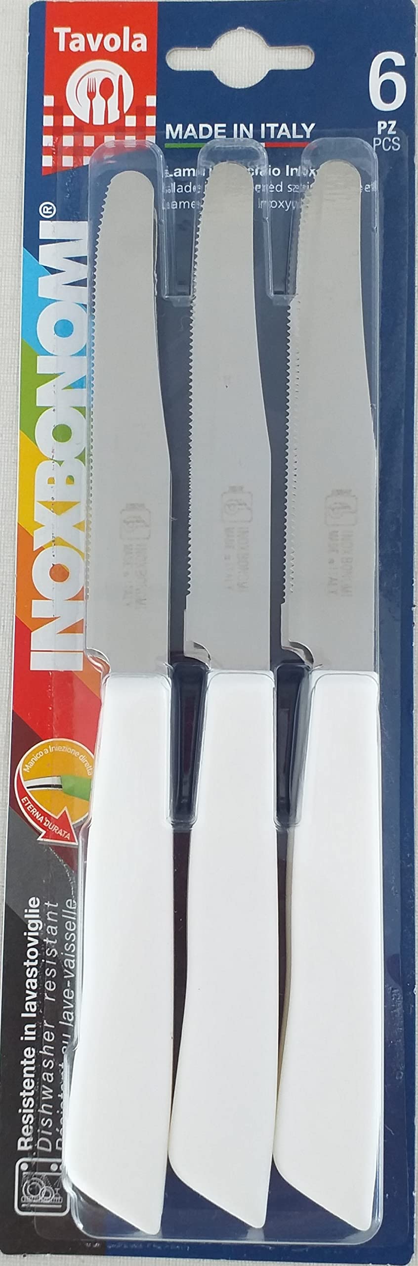 INOXBONOMI cuchillos italianos con mango blanco, ideales para servir en la mesa
