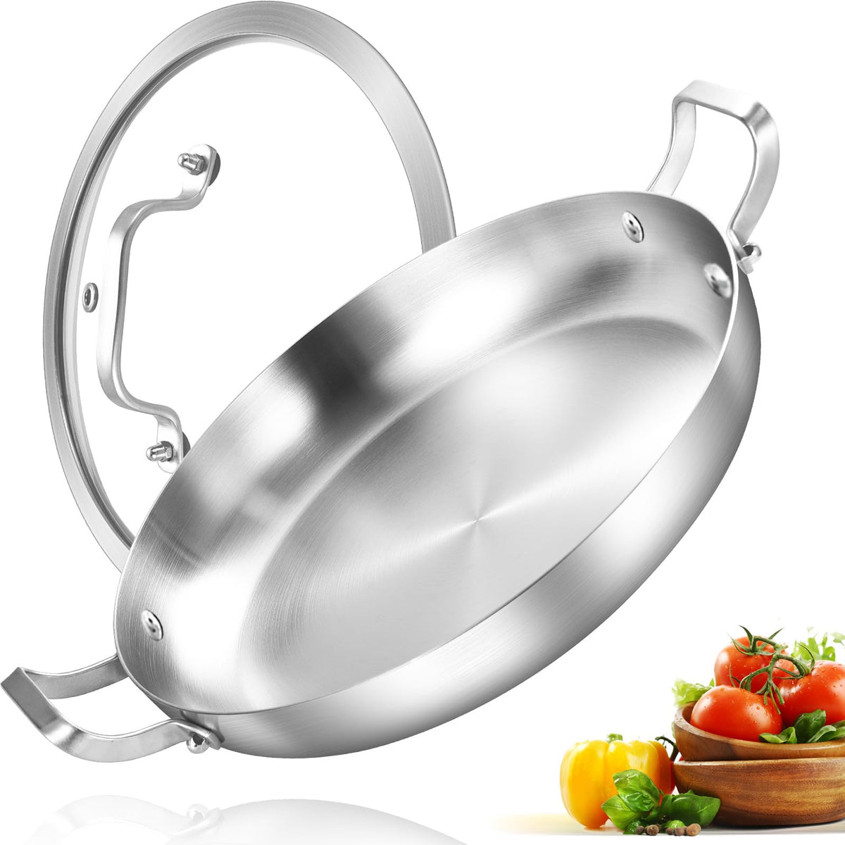 Paellera Inqibee de 14 pulgadas con tapa, distribución de calor rápida para paella perfecta.