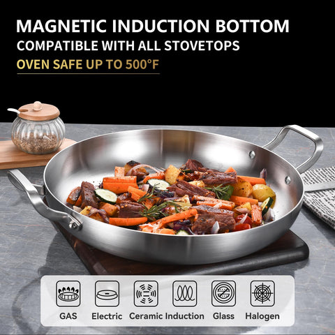 Inqibee sartén con base encapsulada para calor estable en varias cocinas.