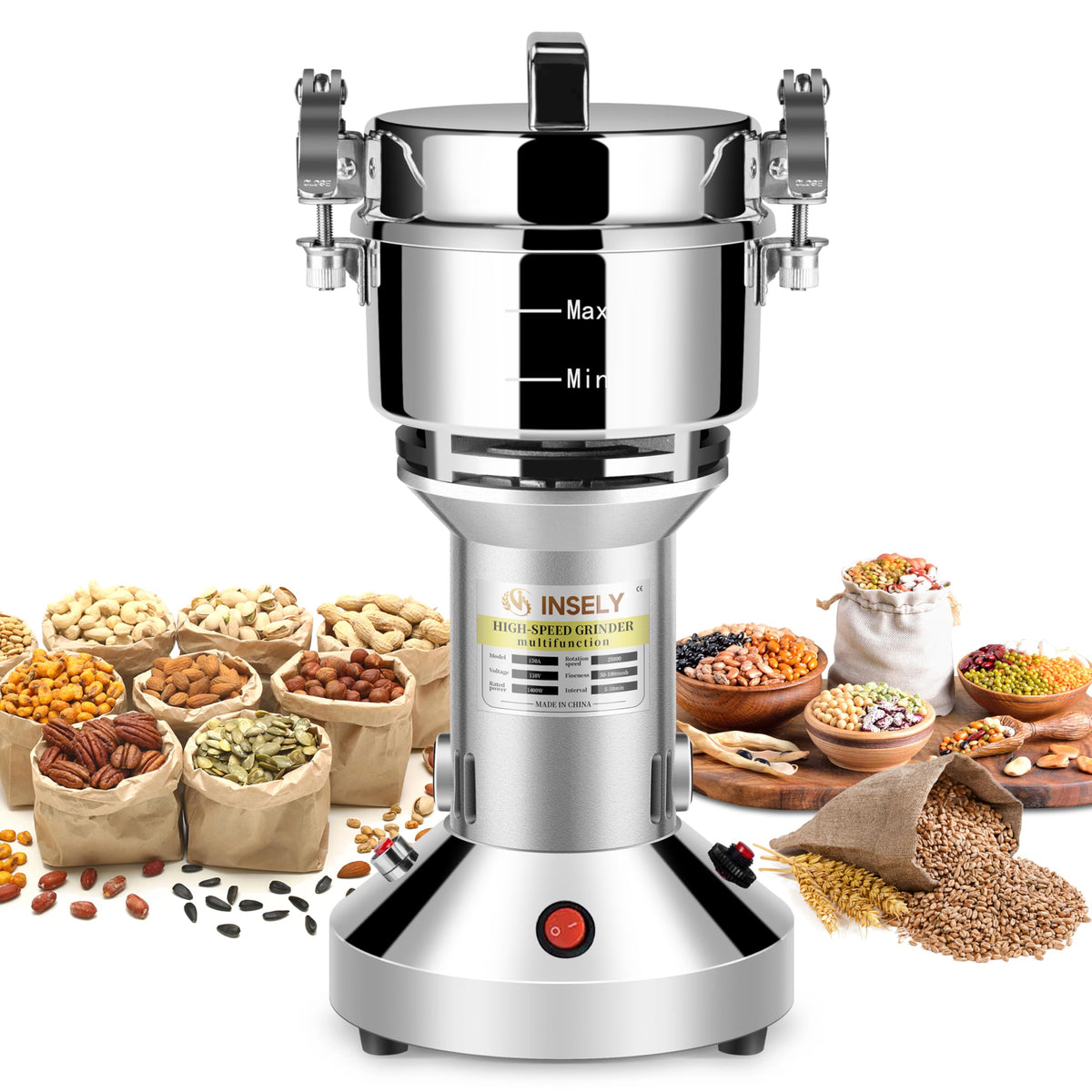 INSELY molino de granos 150g visto frontal, ideal para harina casera.
