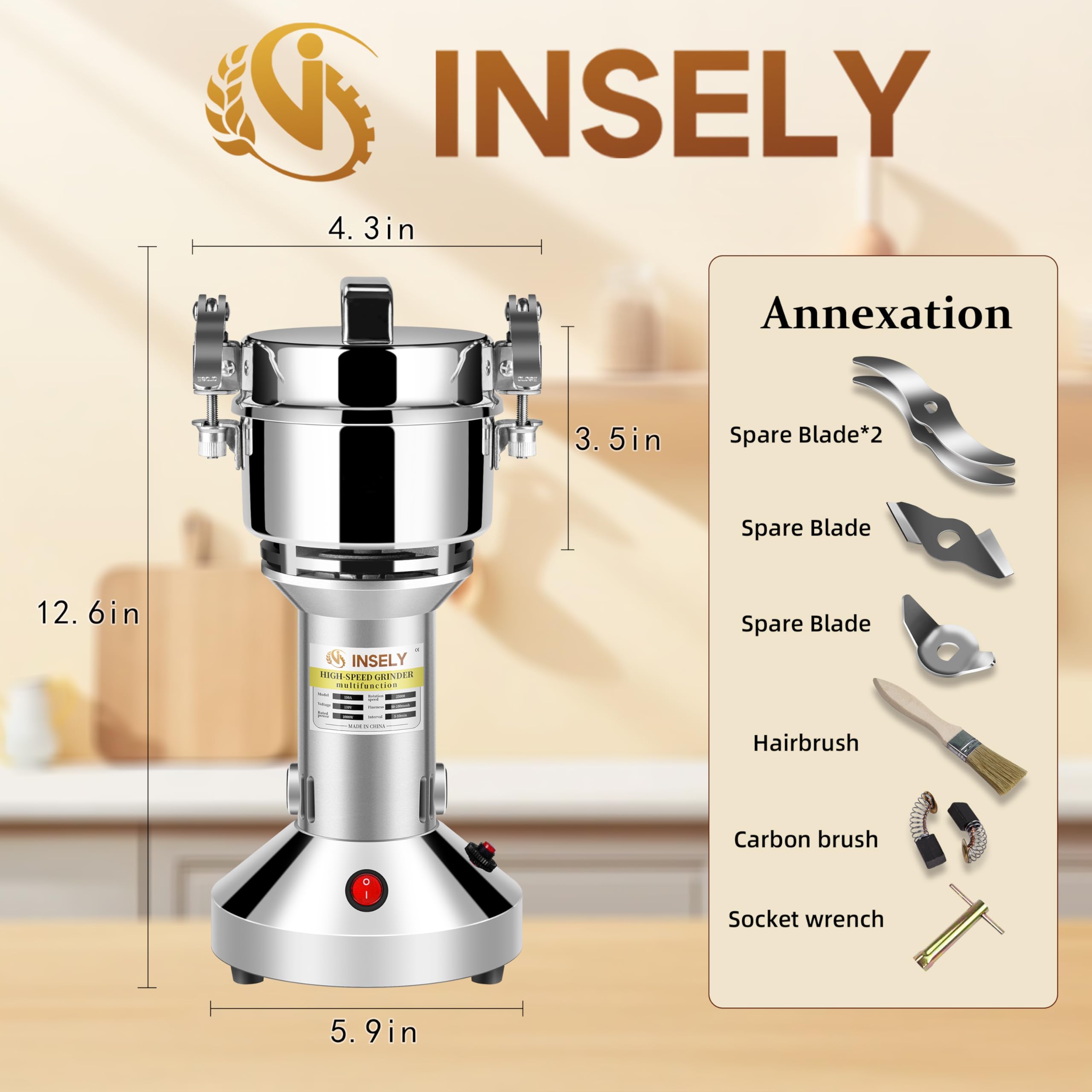 INSELY molino granos 150g interior motor, rendimiento duradero para uso diario.