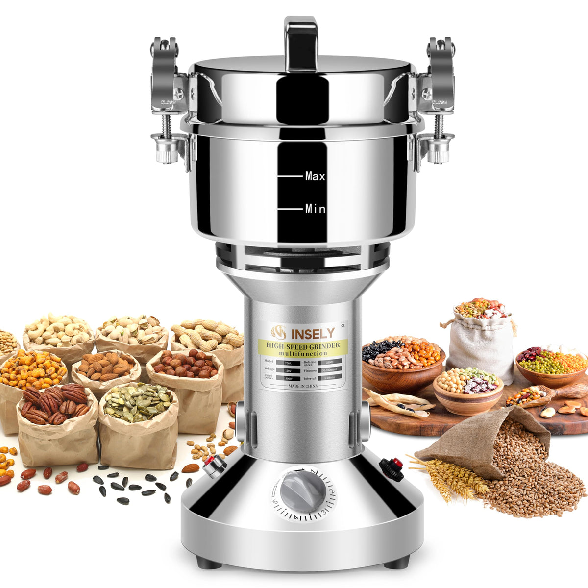 INSELY molino de granos 700 g visto de frente, ideal para harinas caseras