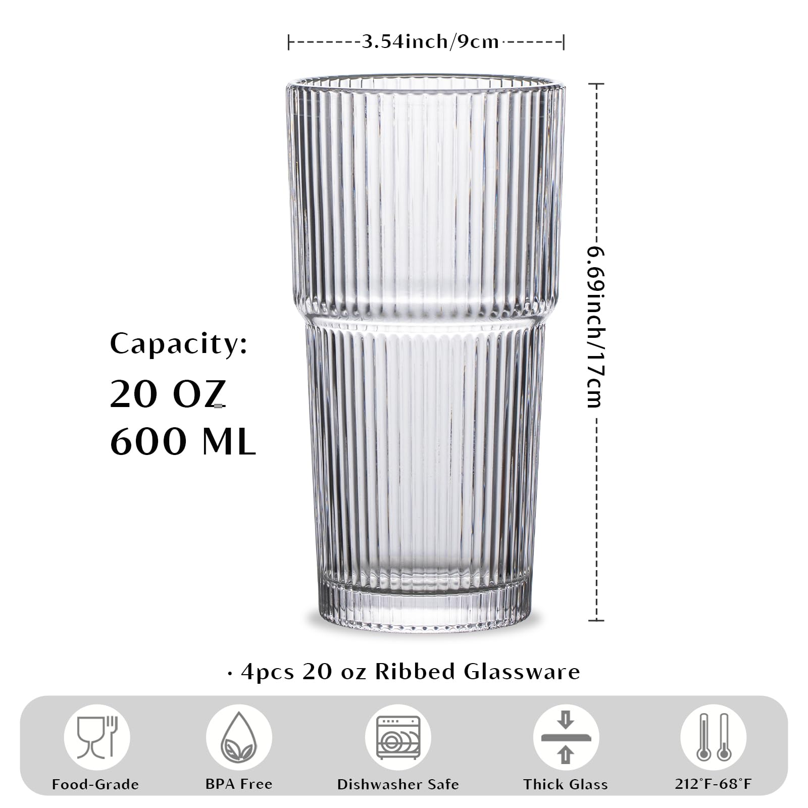 Conjunto INSETLAN de 4 vasos de vidrio, enfoque en capacidad de 590 ml.