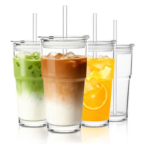 INSETLAN Tumbler de vidrio 20oz con tapa y pajilla, ideal para café helado