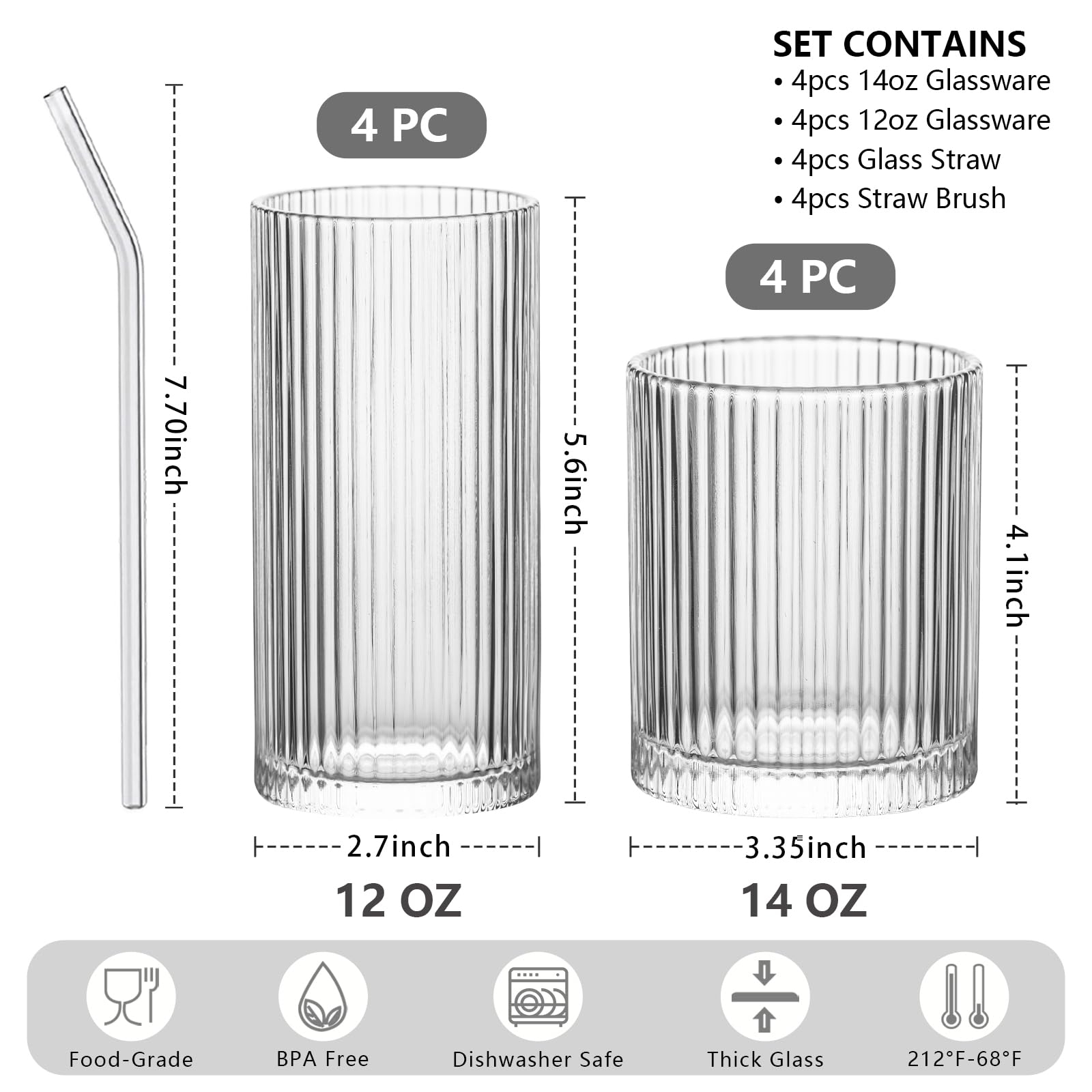 INSETLAN vaso corto 14 onzas rayado, perfecto para whisky o bebidas frías.