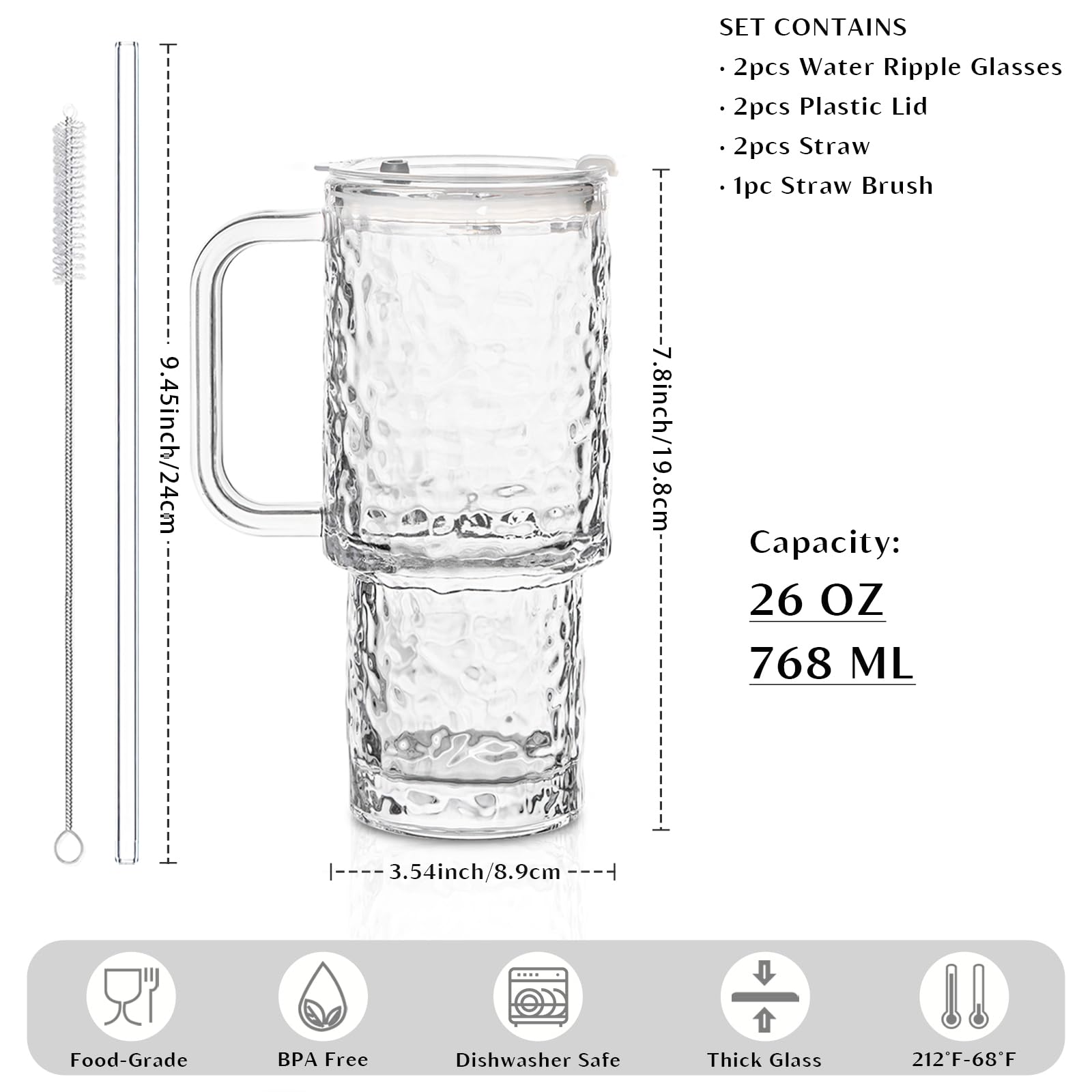 INSETLAN 26oz vaso de vidrio con asa ergonómica para transporte diario