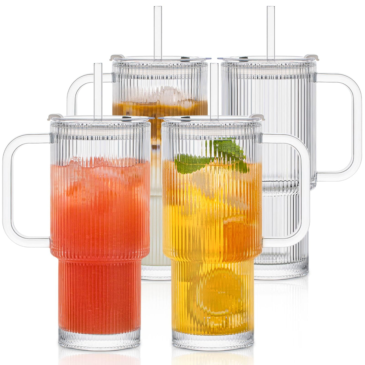INSETLAN vaso de vidrio acanalado de 26 onzas con asa y tapa, diseño elegante para bebidas frías.