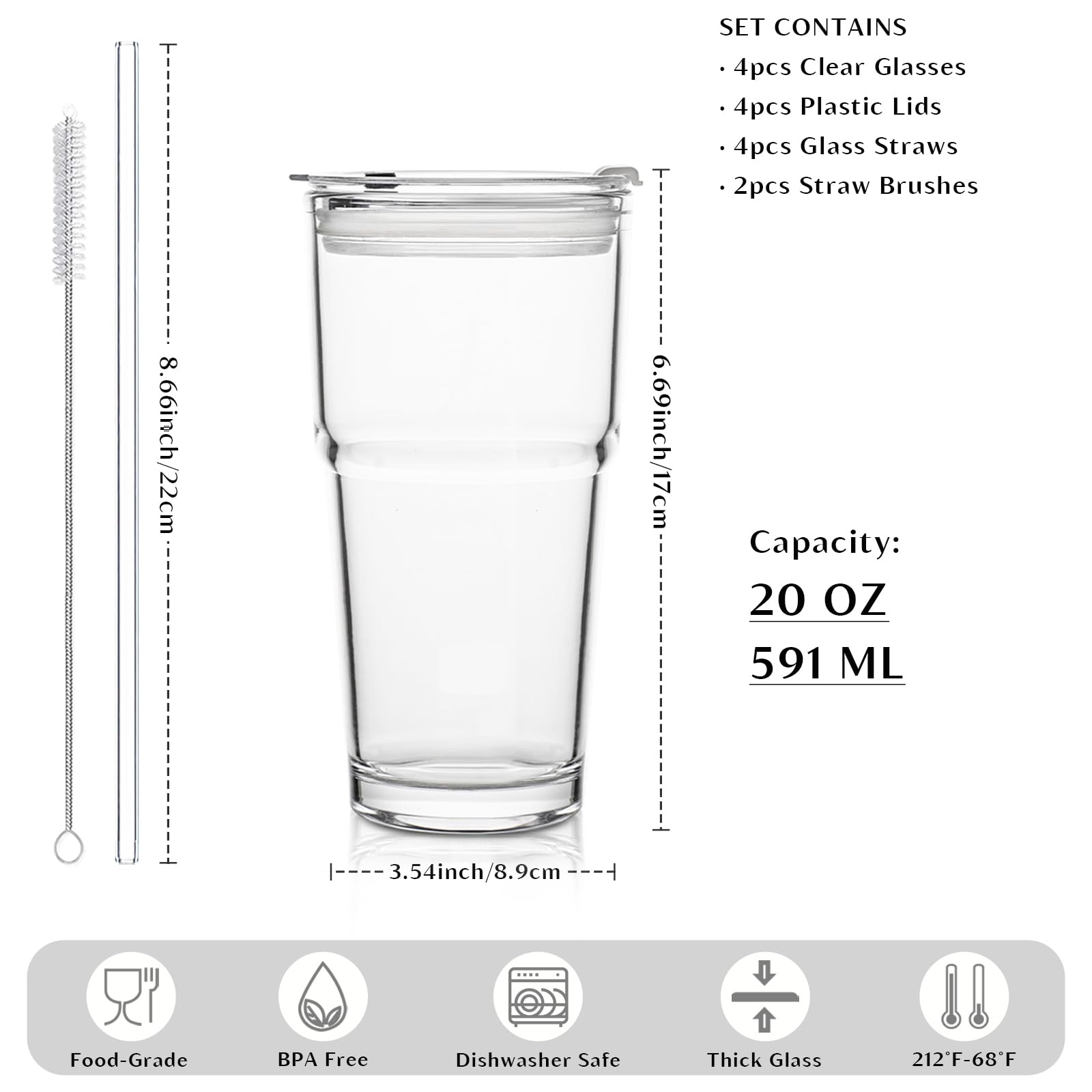 INSETLAN Vaso de vidrio claro, resistente y fácil de limpiar