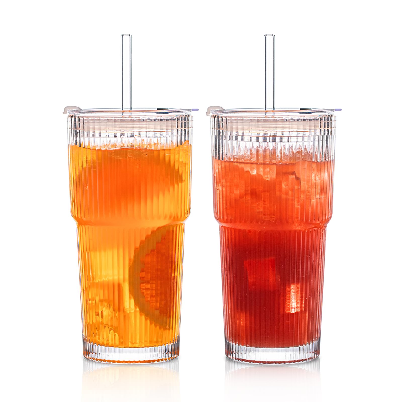 Vaso INSETLAN de cristal acanalado 20oz con tapa, ideal para enfriar bebidas.