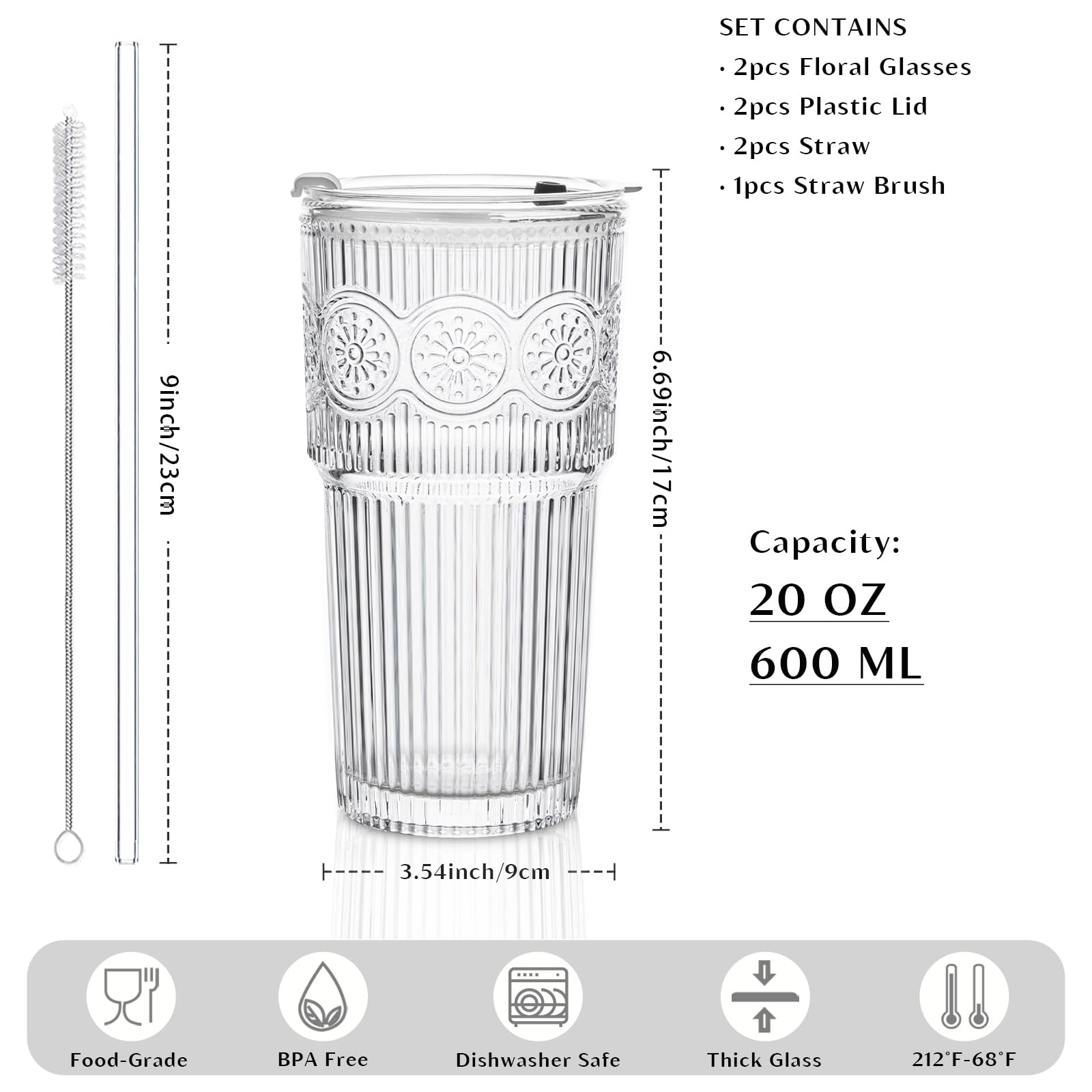Vaso INSETLAN 20oz, cristal claro, tapa y pajilla para uso diario