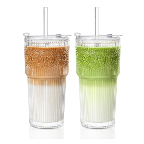 Vaso INSETLAN con estriado floral y tapa para beber con estilo