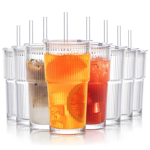 Vasos INSETLAN de vidrio acanalados 20 oz con tapas y pajitas, duraderos para casa.