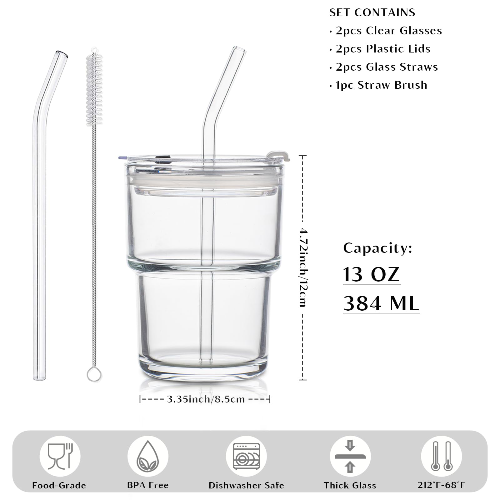 INSETLAN vaso de vidrio con tapa y pajilla reutilizable para uso diario