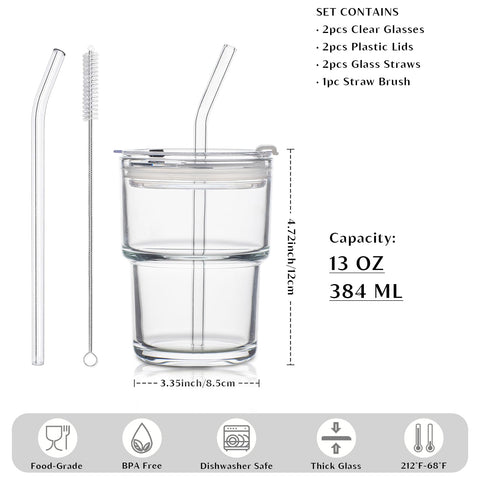 INSETLAN vaso de vidrio con tapa y pajilla reutilizable para uso diario