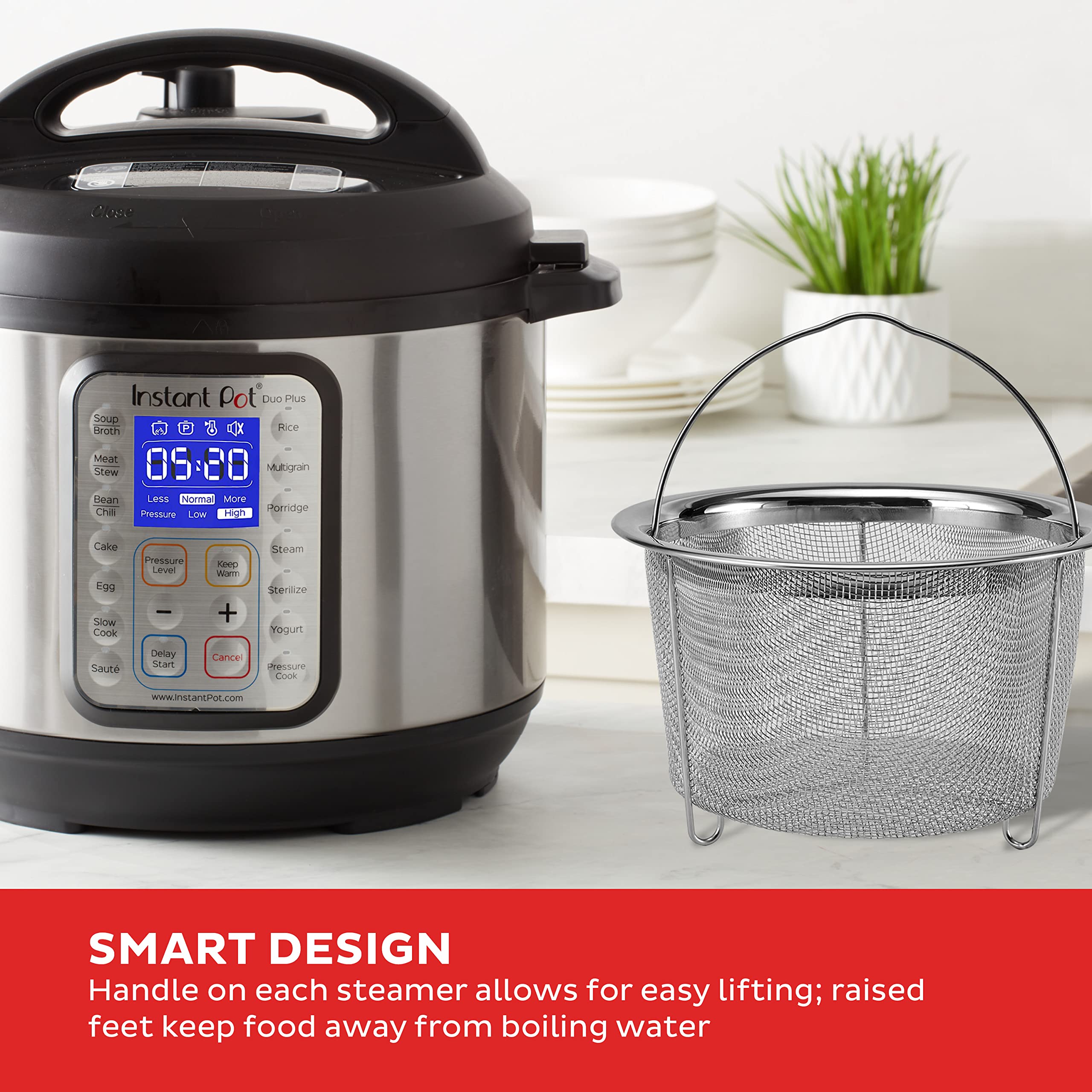 Instant Pot cesta con asa de levantado fácil para retirar sin quemarte.