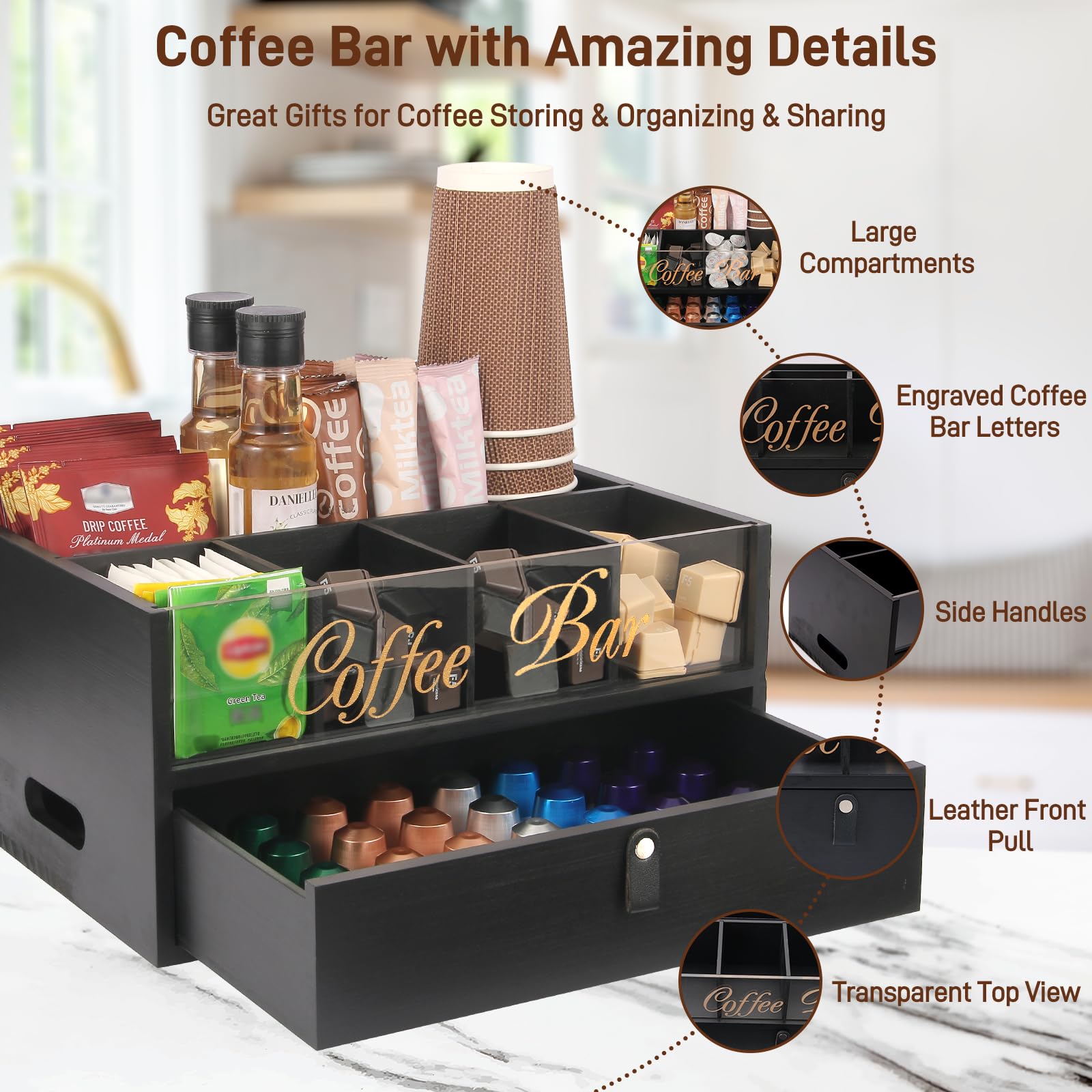 Intarsio barra cafetera acabado natural, encaja con estilos rústicos y modernos.