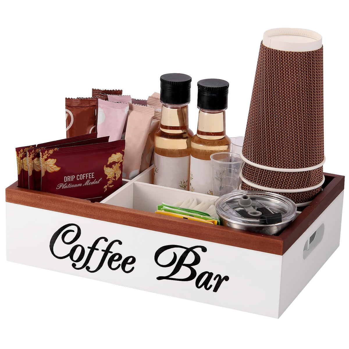 Intarsio organizador de café de pino blanco, vista frontal para encimera ordenada.