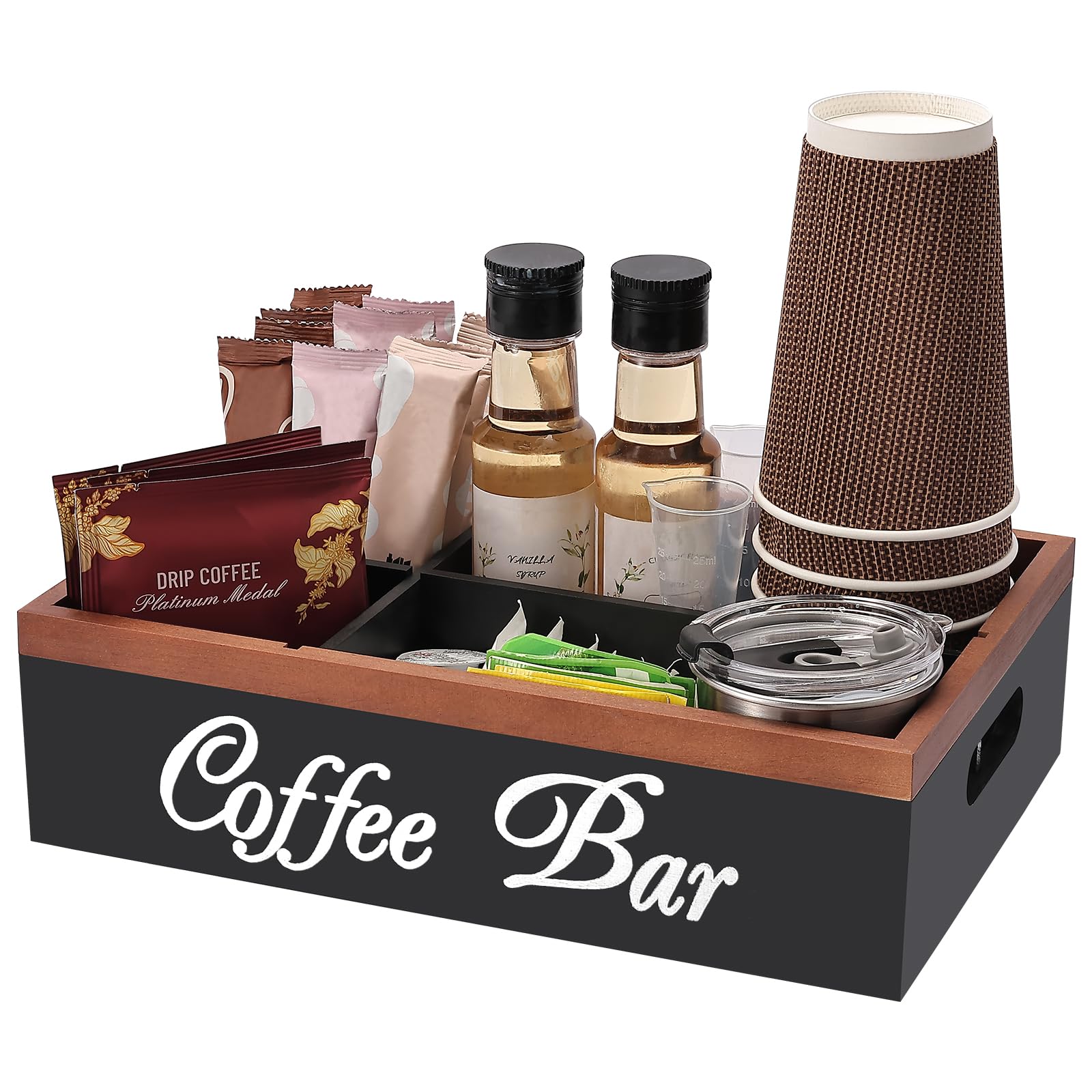 Intarsio organizador de café en pino para tazas y accesorios ordenados