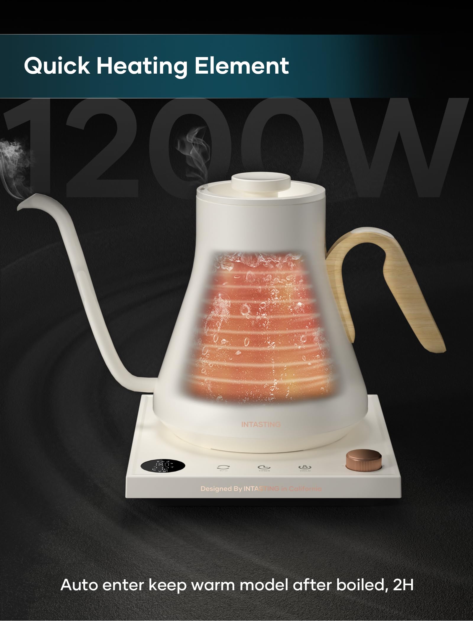 INTASTING tetera eléctrica mantiene temperatura hasta dos horas para bebidas listas.