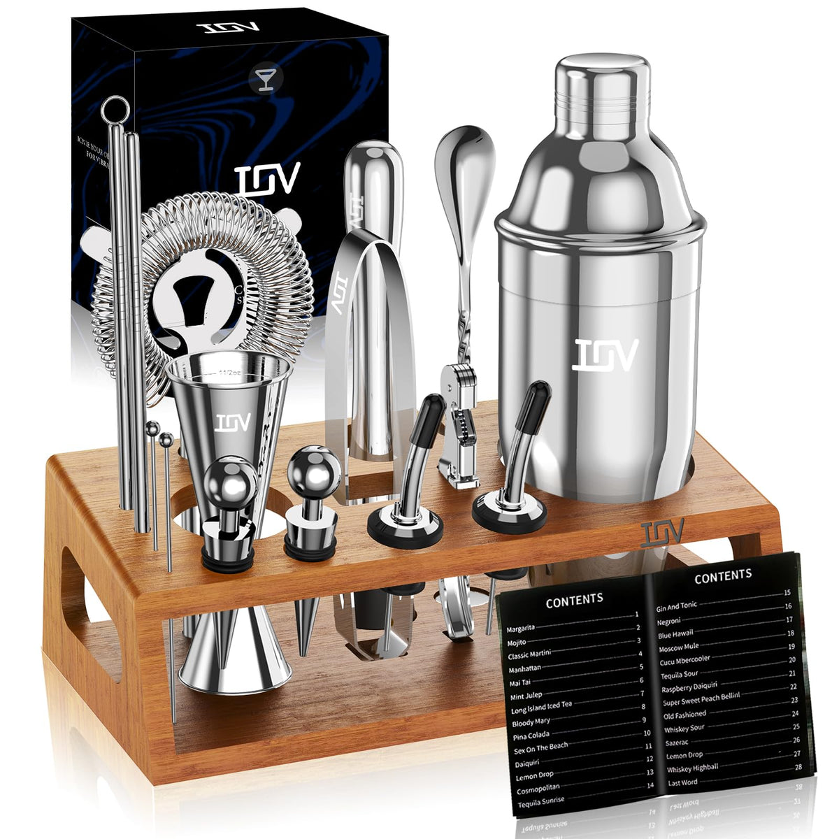 IOV set de coctel con estantería de bambú, ideal para exhibir herramientas en casa.