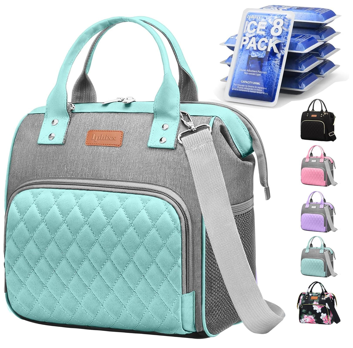 iPhixx bolsa de almuerzo para mujer verde, vista frontal, estilo versátil para el día