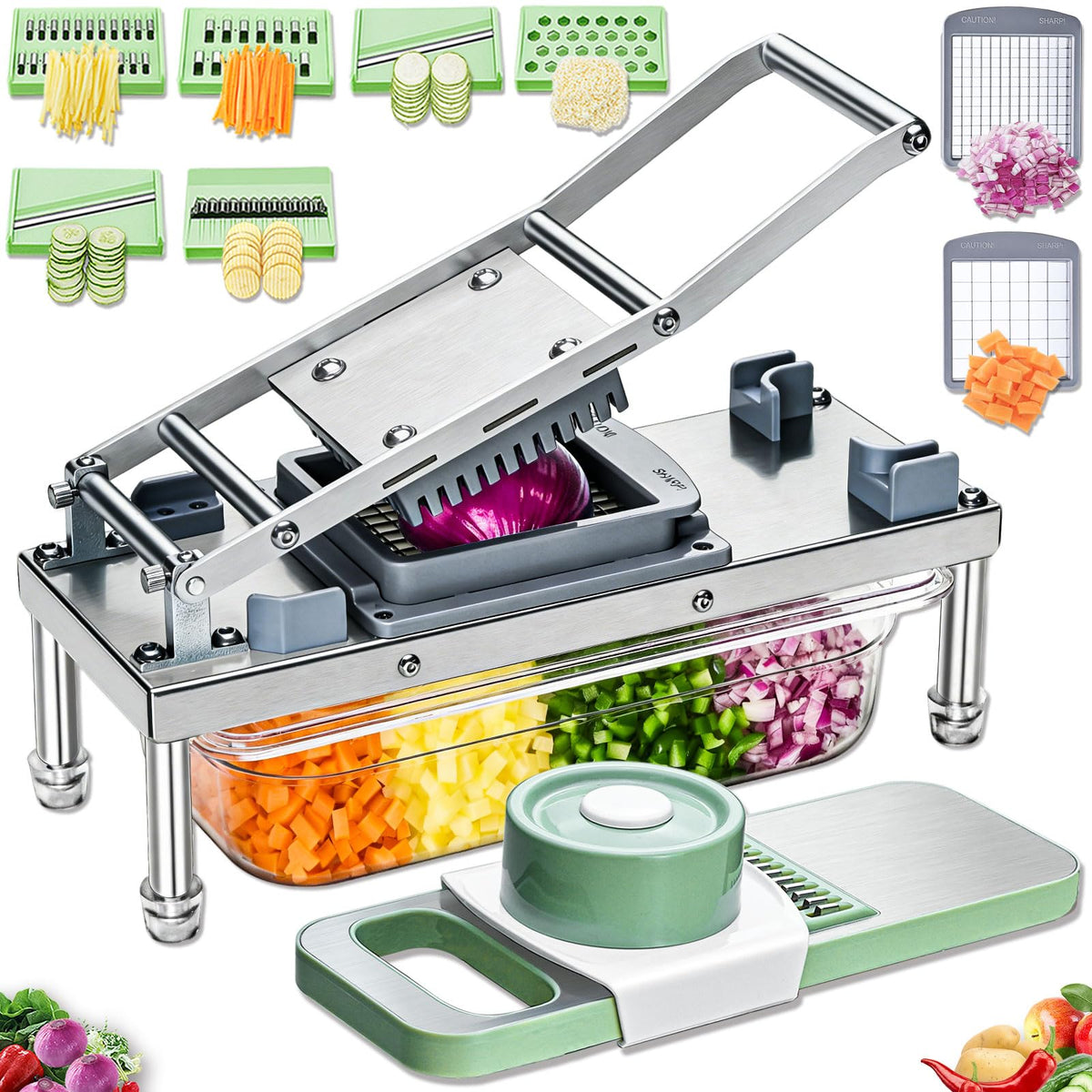 IPOVIPO picadora de verduras con 8 cuchillas de acero para cortes uniformes y rápidos.