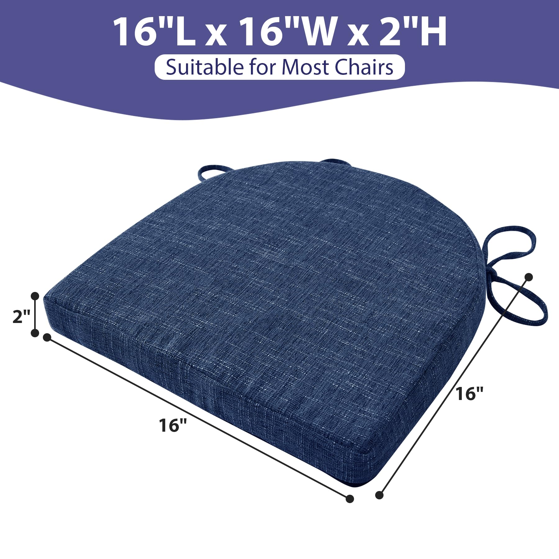 Almohadón IPYNBAP 16x16x2 pulgadas, tamaño ideal para sillas comunes.