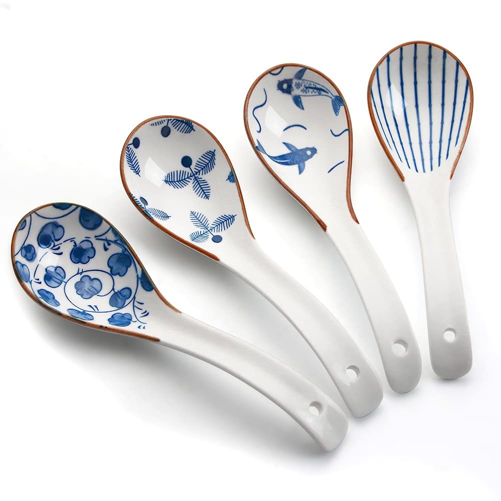 IQCWOOD cuchara de sopa cerámica azul y blanco, estilo asiático, ideal para caldos abundantes