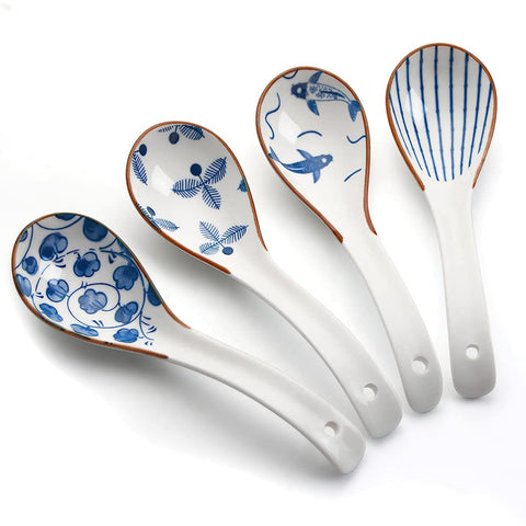 IQCWOOD cuchara de sopa cerámica azul y blanco, estilo asiático, ideal para caldos abundantes