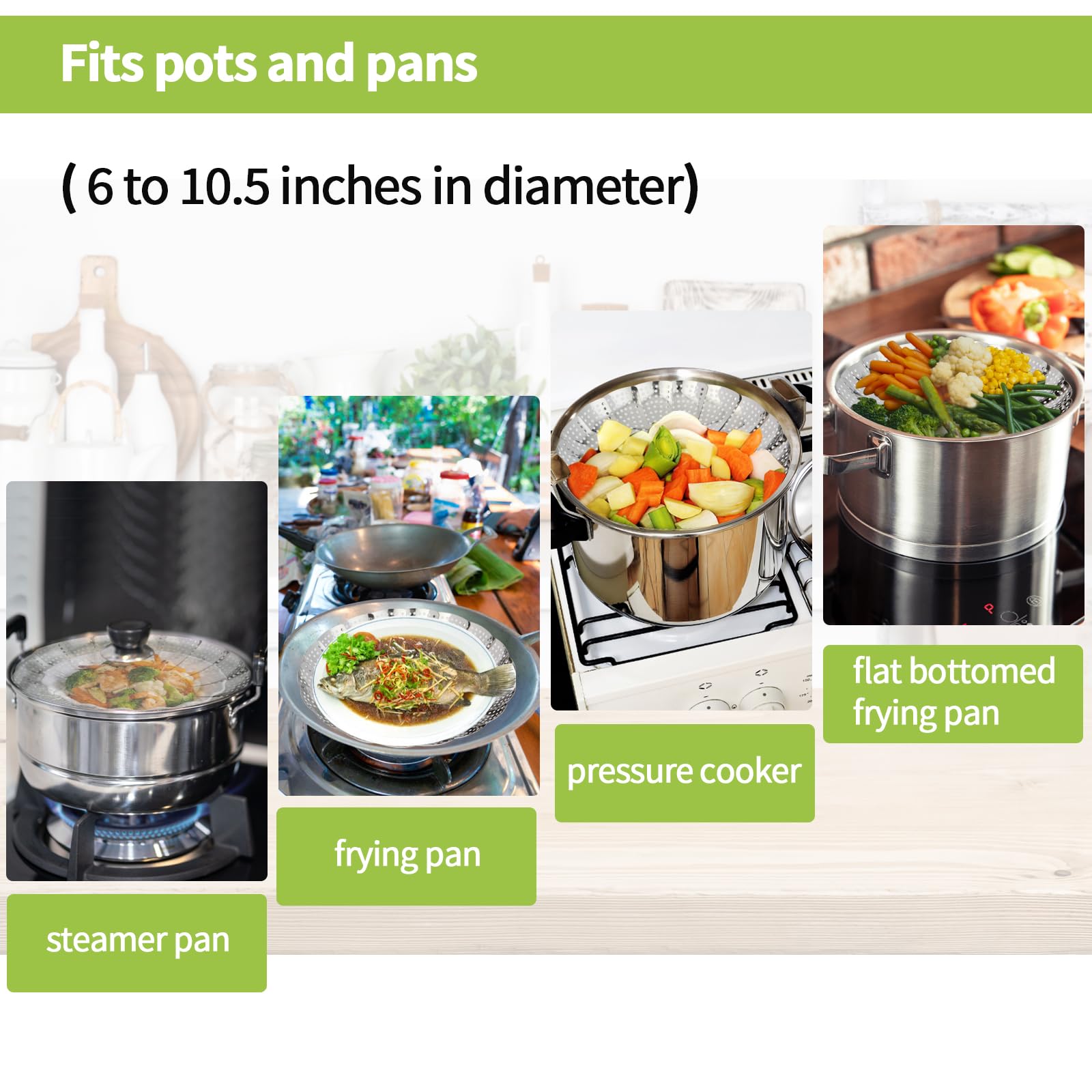 IQworks vaporera plegable, patas altas para evitar que el agua moje la comida.