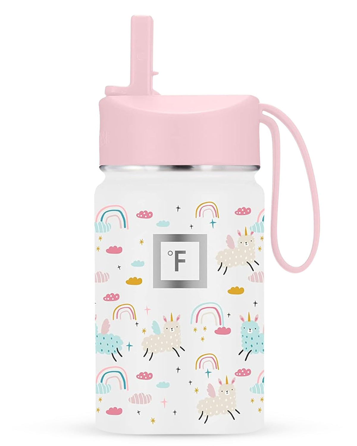 IRON °FLASK Botella infantil Lama Rainbows con tapa de pajilla y asa, ideal para la escuela.