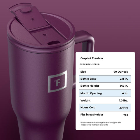 Capacidad de 40 onzas en IRON °FLASK Co-Pilot para bebidas prolongadas.