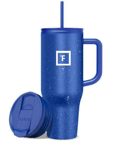 Iron Flask Co-Pilot, taza aislada azul cobalto, ideal para viajes diarios.